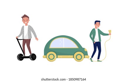 Eco Friendly Man Charging Electric Car and Riding Scooter Vector Illustration Set