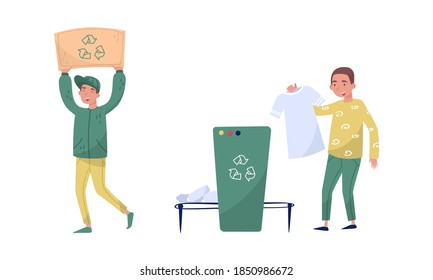 Eco Friendly Man Sorting Trash and Holding Recycling Banner Vector Illustration Set