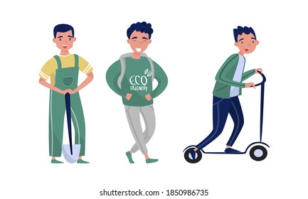 Eco Friendly Man Standing with Shovel and Riding Scooter Vector Illustration Set