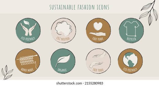 Eco friendly manufacturing fashion logo, label. Icons, badges for natural and quality recycling clothing, ethical fabric and slow fashion with eco sustainable materials. Conscious fashion. Vector