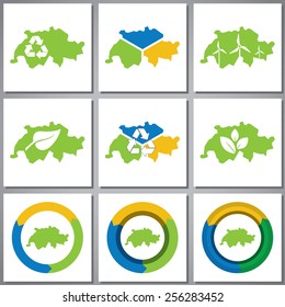 Eco friendly marks and icons with country silhouette