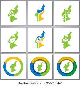 Eco friendly marks and icons with country silhouette