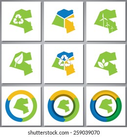 Eco friendly marks and icons with country silhouette