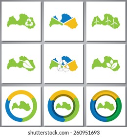 Eco friendly marks and icons with country silhouette