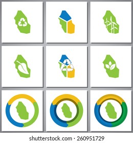 Eco friendly marks and icons with country silhouette