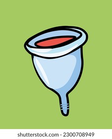 Copa menstrual amigable para el medio ambiente. Elemento de higiene para las mujeres. El cuidado de la naturaleza y el medio ambiente, reduciendo la liberación de residuos nocivos en la atmósfera. Dibujo vectorial plano de dibujos animados
