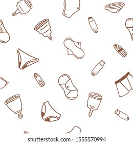 Eco friendly menstruation seamless pattern design. Vector hand drawn zero waste period elements. Reusable Pads, cups, applicators, pants and tampons.