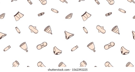 Eco friendly menstruation seamless pattern design. Vector hand drawn zero waste period elements. Reusable Pads, cups, applicators, pants and tampons.