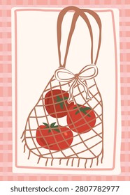 Eco friendly mesh bag with red tomatoes and cute bow, pink checkered gingham background, coquette aesthetic zero waste shopping poster