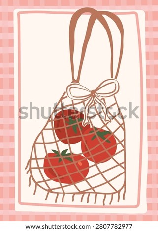 Eco friendly mesh bag with red tomatoes and cute bow, pink checkered gingham background, coquette aesthetic zero waste shopping poster