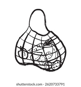 Eco friendly mesh for shopping fruits and vegetables in black brush stroke texture isolated on white. Hand drawn vector sketch illustration in vintage charcoal ink. Environment, zero waste