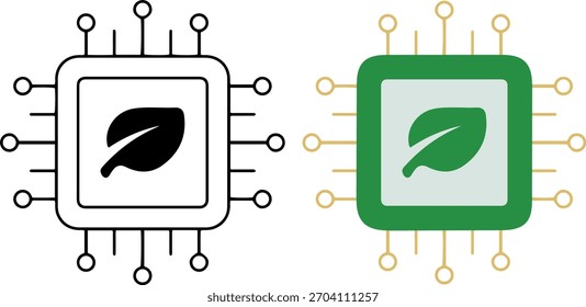 Conjunto de iconos de microchip ecológico, tecnología verde y computación sostenible