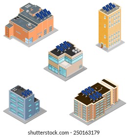 Eco Friendly Modern Buildings with Solar Panels. Eco Buildings with Solar Panels. Icons set of buildings with solar panels. 