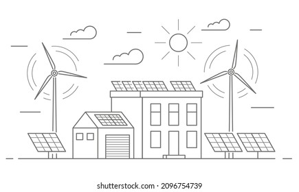 Eco friendly modern house. Alternative wind energy station. Solar panels, wind power. Environment concept vector outline illustration.
