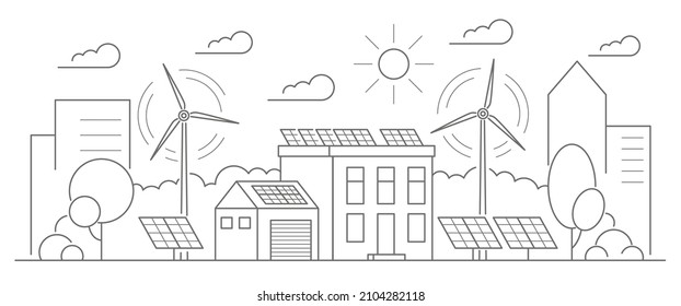 Eco friendly modern house. Alternative wind energy station. Solar panels, wind power. Environment concept vector outline illustration.