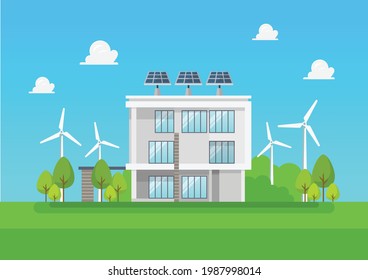 Eco friendly modern house. Green energy Solar and wind power. Vector illustration