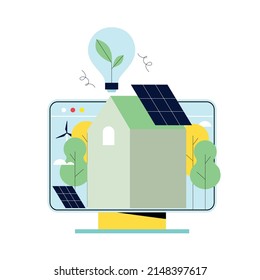 Eco friendly modern house. Smart house, using renewable energy, sustainability and eco energy concept flat vector illustration