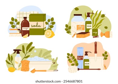 Conjunto de productos de limpieza ecológicos y naturales. Botella de vinagre y soda, cepillo de madera y recogedor, paño y esponja, jabón seguro y suministros para limpiar y lavar la Ilustración vectorial de dibujos animados del hogar