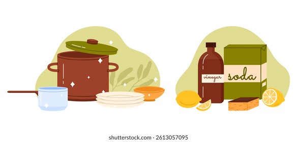 Eco friendly and natural cleaning products for clean dishes and kitchen utensils. Saucepan, stack of plates with clean shine after ecologic organic biodegradable cleaners cartoon vector illustration