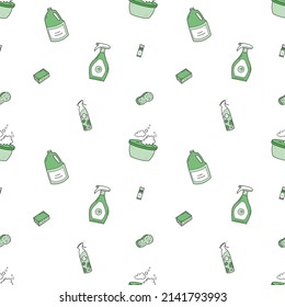 Eco Friendly Natural Household Cleaning Products Seamless Pattern. Green House Concept. House Washing Supplies Repeat Texture. Vector Design For Package, Wrapping, Banner, Brochure