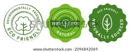 Eco friendly naturally sourced 100% eco environmentally friendly stamp symbol seal tree icon green sticker 商業照片 © 