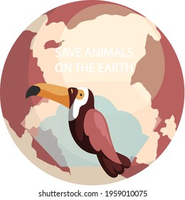 Eco friendly, nature conservation, environmental protection. Toucan with planet on background