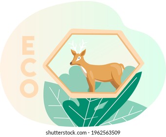 Eco friendly, nature conservation, environmental protection. Deer on abstract background with leaves. Representative of biodiversity, wild animal of planet Earth. Save green ecosystem concept