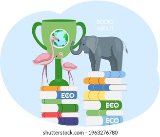 Eco friendly, nature conservation, environmental protection. Animal and birds standing on pile of books. Representatives of biodiversity of planet Earth. Elephant and flamingo on books about ecology