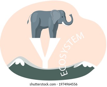 Eco friendly, nature conservation, environmental protection. Elephant stands on letter y on abstract background. Representative of biodiversity, huge mammal of planet. Save green ecosystem concept