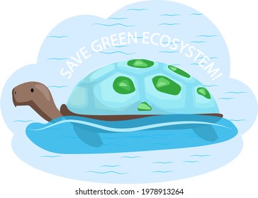 Eco friendly, nature conservation, environmental protection. Turtle swimming on abstract blue background. Representative of biodiversity, reptile of planet Earth. Save green ecosystem concept