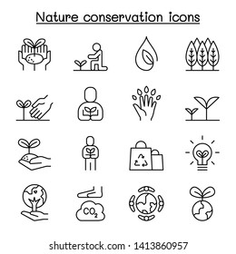 Eco friendly, nature conservation, environmentalist icon set in thin line style