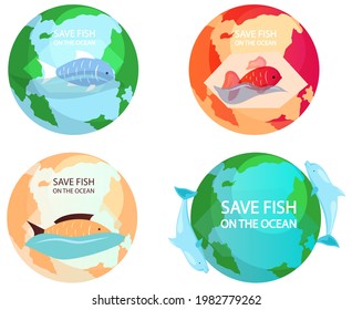 Eco friendly nature conservation, ocean protection. Fish and dolphin on background of planet. Representatives of biodiversity, sea creatures, marine life of planet Earth. Save fish on ocean concept