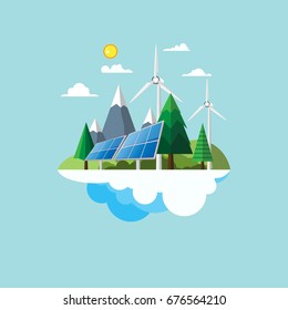 Eco friendly and nature landscape concept flat design with renewable energy and environment conservation concept design.Vector illustration.