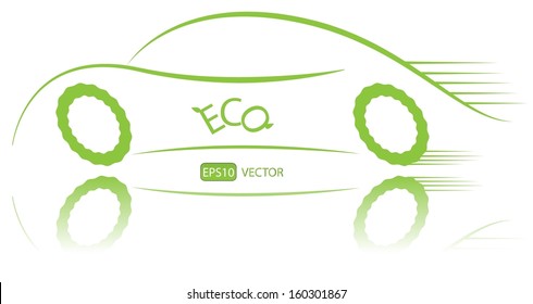 Eco friendly nonpolluting car in motion. Green energy hybrid car vector design. Simple creative green ecological racing vehicle with reflection. Easy to edit vector illustration. 