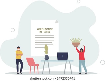 Eco friendly office for company with green principles .Sustainable and environment care standards for cooperation workplace.flat design.illustration with people.