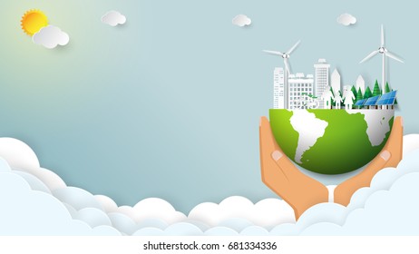 Eco friendly on blue sky.Save the world and environment conservation concept.Paper art style.Vector illustration.