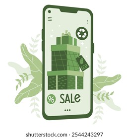 Eco friendly online shopping. Phone with natural environmentally friendly green gifts. Sale. Vector illustration. Concept Sustainable Fashion and thrift or second hand shopping, environmental care