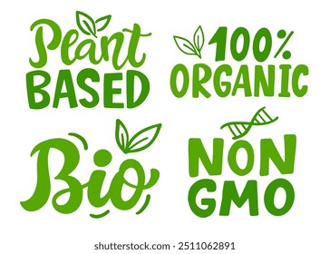 Conjunto de etiquetas de letras de mano de Vector de alimentos orgánicos ecológicos. Emblemas, pegatinas, sellos de diseño de Colección. Comida saludable de Producto de granja natural vegano, insignia no transgénica. Planta Basada, Logotipo de Ecología.