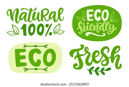 Conjunto de etiquetas de letras de mano de Vector de alimentos orgánicos ecológicos. Emblemas, pegatinas, sellos de diseño de Colección. Comida saludable de Producto de granja natural vegano, insignia no transgénica. Planta Basada, Logotipo de Ecología.