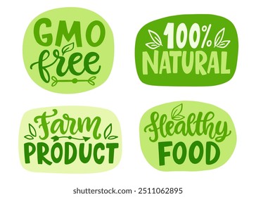 Conjunto de etiquetas de letras de mano de Vector de alimentos orgánicos ecológicos. Emblemas, pegatinas, sellos de diseño de Colección. Comida saludable de Producto de granja natural vegano, insignia no transgénica. Planta Basada, Logotipo de Ecología.