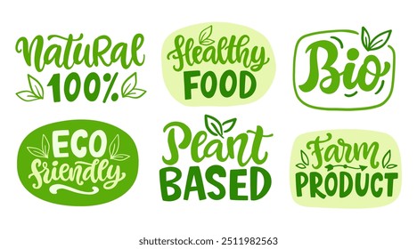 Eco amigável orgânico comida vetor mão lettering rótulos definir. Emblemas, Adesivos, Coleção de design de selos. Vegan Natural Farm Product Alimentos Saudáveis, Crachá Não-OGM. Planta, Logótipo Ecologia.