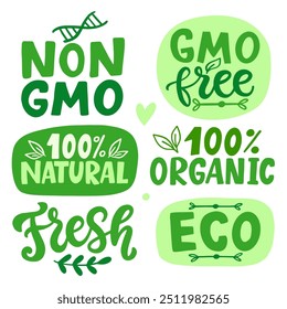 Conjunto de etiquetas de letras de mano de Vector de alimentos orgánicos ecológicos. Emblemas, pegatinas, sellos de diseño de Colección. Comida saludable de Producto de granja natural vegano, insignia no transgénica. Planta Basada, Logotipo de Ecología.