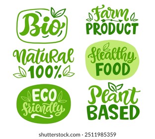 Conjunto de etiquetas de letras de mano de Vector de alimentos orgánicos ecológicos. Emblemas, pegatinas, sellos de diseño de Colección. Comida saludable de Producto de granja natural vegano, insignia no transgénica. Planta Basada, Logotipo de Ecología.