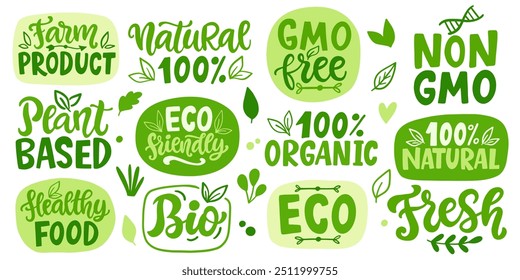 Conjunto de etiquetas de letras de mano de Vector de alimentos orgánicos ecológicos. Emblemas, pegatinas, sellos de diseño de Colección. Comida saludable de Producto de granja natural vegano, insignia no transgénica. Planta Basada, Logotipo de Ecología.