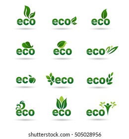 Eco Friendly Organic Natural Product Web Icon Set Green Logo Collection Flat Vector Illustration