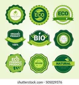 Eco Friendly Organic Natural Product Web Icon Set Green Logo Collection Flat Vector Illustration