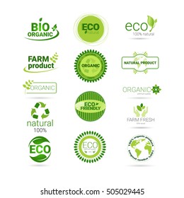 Eco Friendly Organic Natural Product Web Icon Set Green Logo Collection Flat Vector Illustration