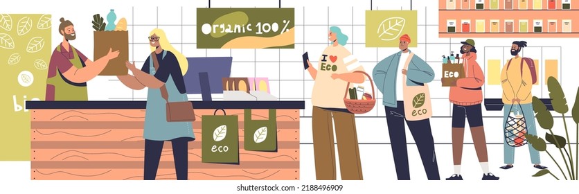 Eco friendly organic store interior. Buyers buying grocery in modern shop with reusable and recycle packaging. Zero waste and conscious habits concept. Cartoon flat vector illustration