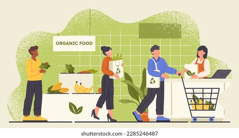 Eco friendly organic store. Men and women buy natural food. Grocery store or supermarket. People with vegetables and fruits near cash register. Buyers and cashier. Cartoon flat vector illustration