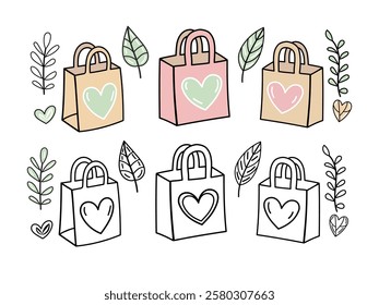 Eco friendly outline and colored shopping bags with hearts and green leaves